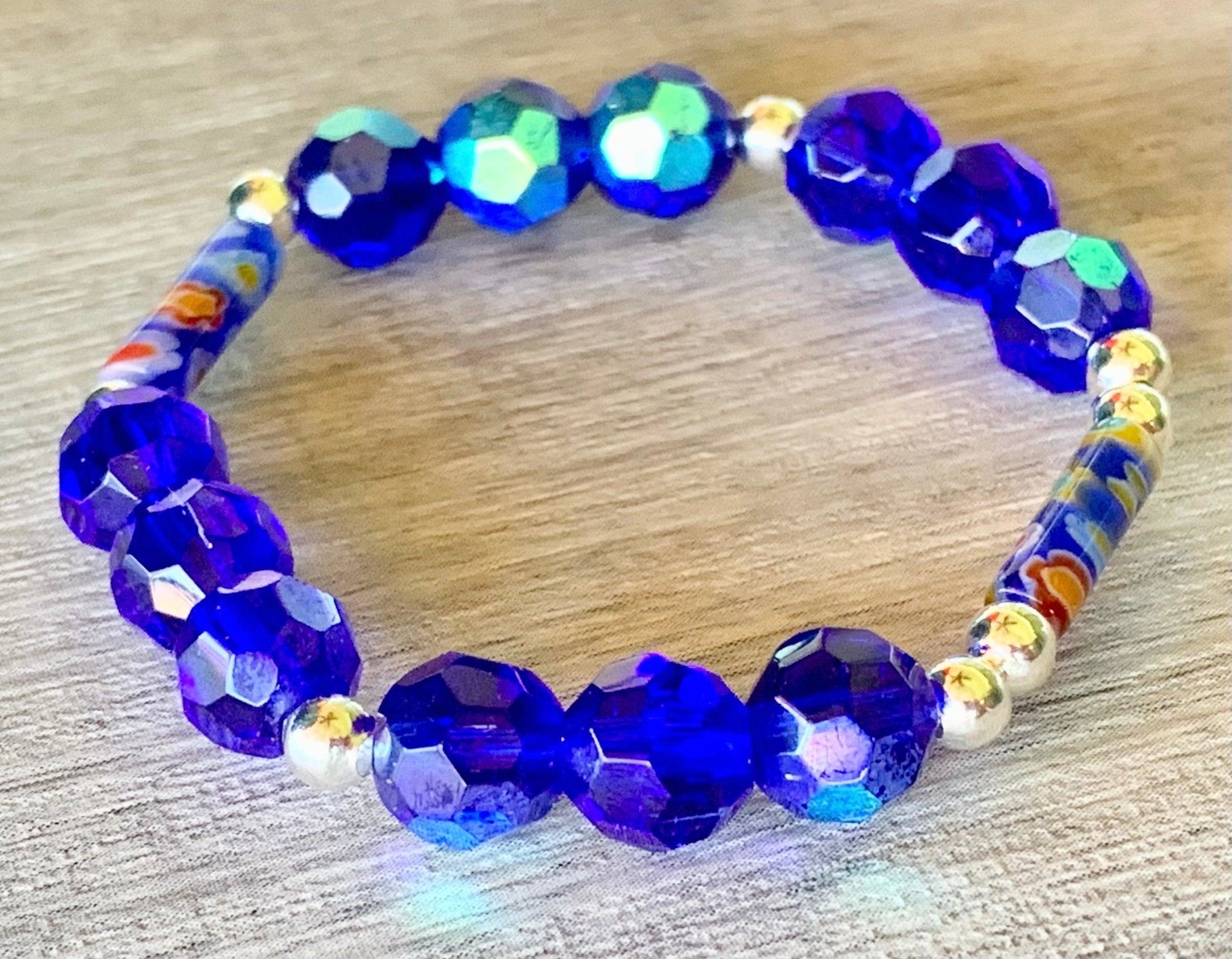 Nicole Handmade Acrylic and Millefiori Glass Beaded Expandable 6" Bracelet for Kids 4-8 Years Old