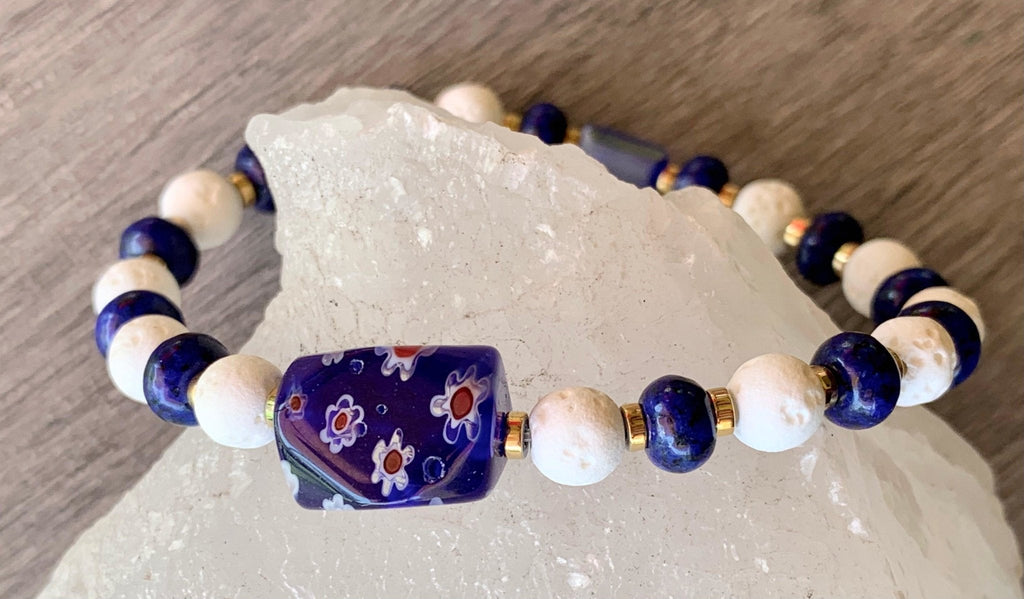 Nisha Handmade Lapis Lazuli, White Lava Stone, Gold Plated Hematite, Austrian Crystal, and Millefiori Expandable Bracelet