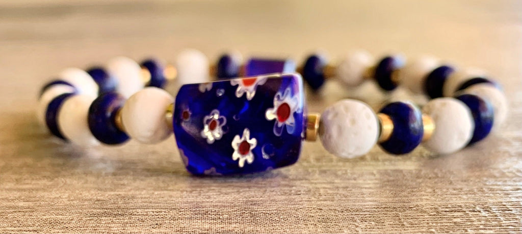 Nisha Handmade Lapis Lazuli, White Lava Stone, Gold Plated Hematite, Austrian Crystal, and Millefiori Expandable Bracelet