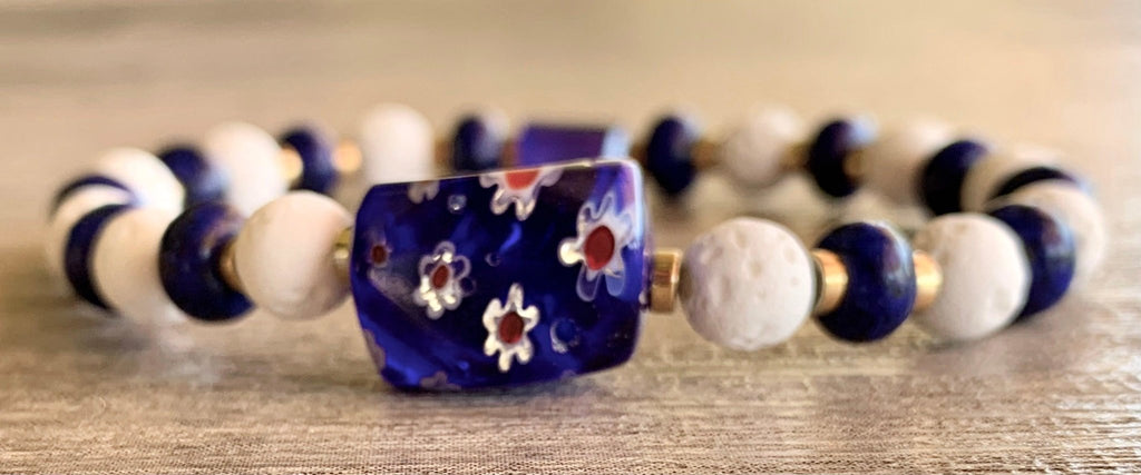 Nisha Handmade Lapis Lazuli, White Lava Stone, Gold Plated Hematite, Austrian Crystal, and Millefiori Expandable Bracelet