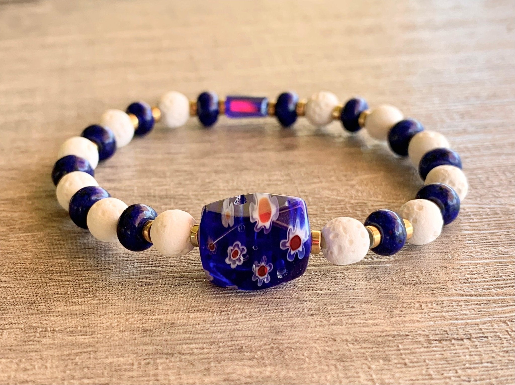 Nisha Handmade Lapis Lazuli, White Lava Stone, Gold Plated Hematite, Austrian Crystal, and Millefiori Expandable Bracelet